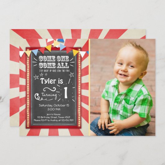 Circus carnaval verjaardagsuitnodiging Grote top C Kaart (Voorkant / Achterkant)