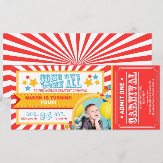 Circus carnaval verjaardagsuitnodiging ticket Jong Kaart (Voorkant / Achterkant)