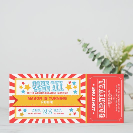 Circus carnaval verjaardagsuitnodiging ticket Jong Kaart (Staand voorkant)