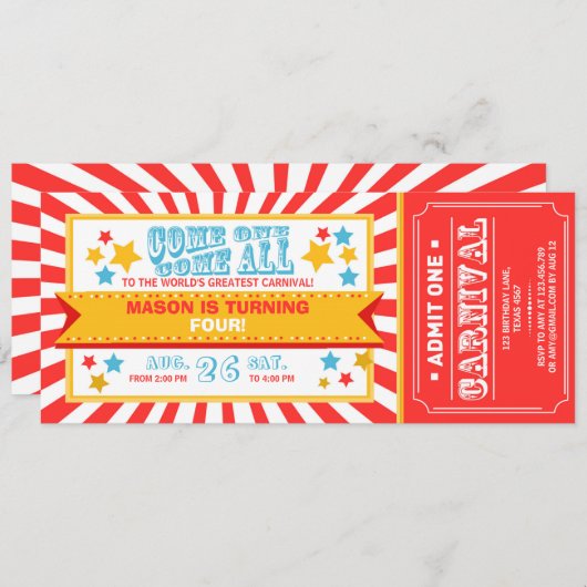 Circus carnaval verjaardagsuitnodiging ticket Jong Kaart (Voorkant / Achterkant)