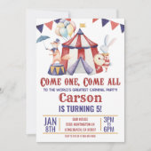 Circus carnival Animal Red Blue Birthday Party Kaart (Voorkant)