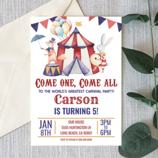Circus carnival Animal Red Blue Birthday Party Kaart