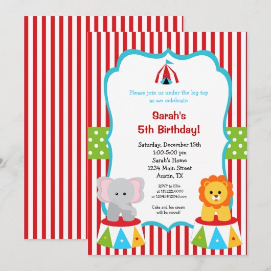 Circus Carnival Big Top Birthday Invitations Kaart (Voorkant / Achterkant)