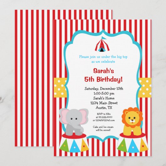 Circus Carnival Big Top Birthday Invitations Kaart (Voorkant / Achterkant)