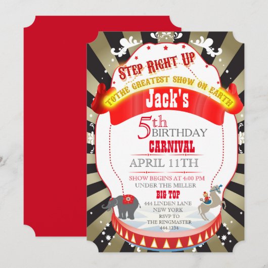  Circus Carnival Birthday Invitatie Kaart (Voorkant / Achterkant)