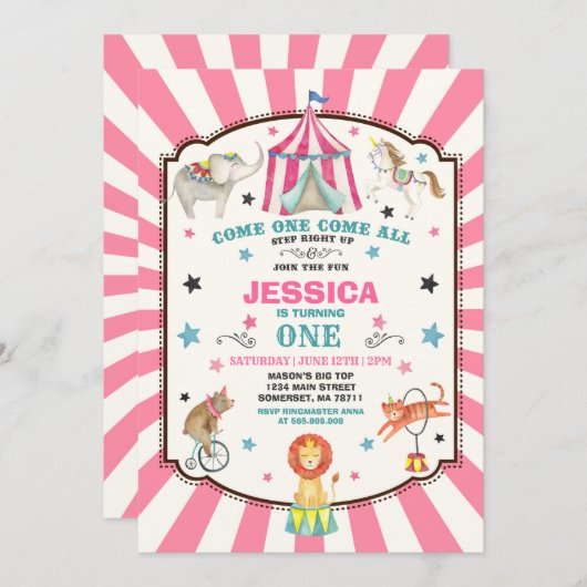 Circus Carnival Birthday Invitation Circus Party Kaart (Voorkant / Achterkant)