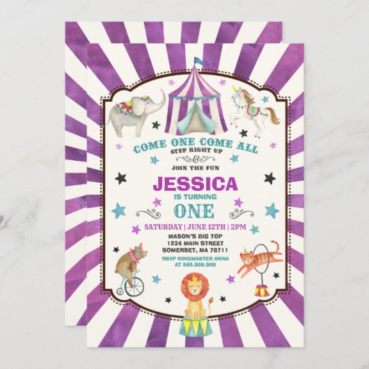 Circus Carnival Birthday Invitation Circus Party Kaart (Voorkant / Achterkant)