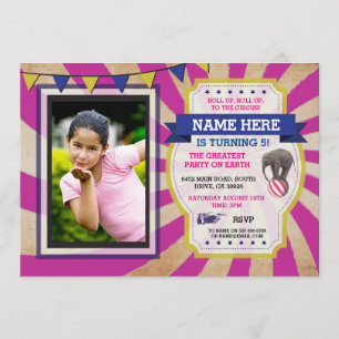 Circus Carnival Birthday Party Foto roze uitnodigi Kaart
