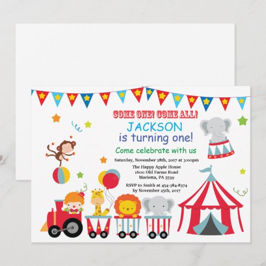 Circus Carnival Birthday Party Invitation Kaart (Voorkant / Achterkant)