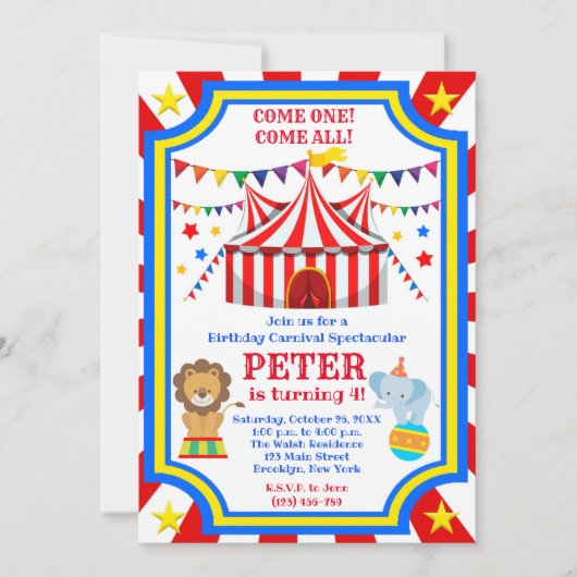 Circus Carnival Birthday Party Invitation Kaart (Voorkant)