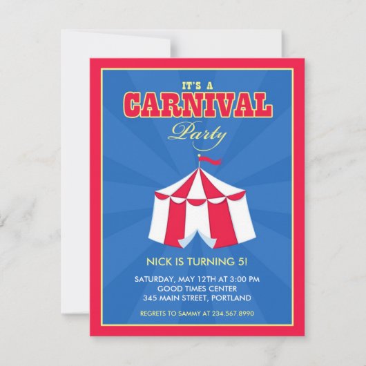 Circus Carnival Birthday Party Invitation Kaart (Voorkant)