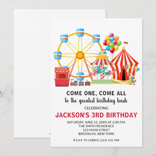 Circus Carnival Birthday Party Invitation Kaart (Voorkant / Achterkant)