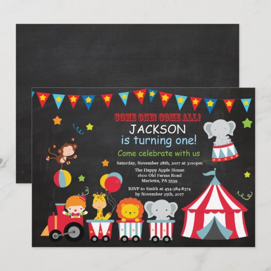 Circus Carnival Birthday Party Invitation Kaart (Voorkant / Achterkant)