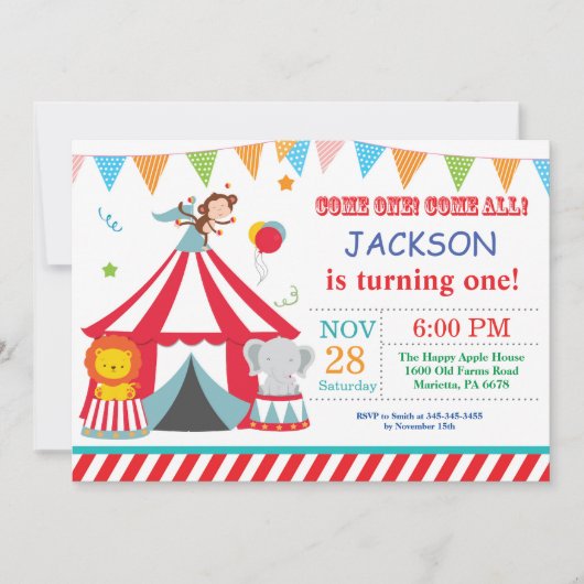 Circus Carnival Birthday Party Invitation Kaart (Voorkant)