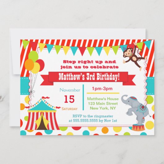 Circus Carnival Birthday Party Invitations Kaart (Voorkant)