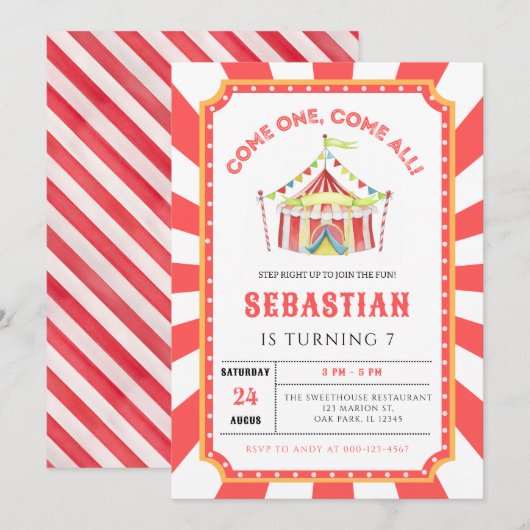 Circus Carnival Birthday Party Kaart (Voorkant / Achterkant)