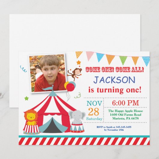 Circus Carnival Birthday Party Photo Invitation Kaart (Voorkant / Achterkant)