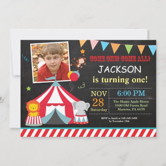 Circus Carnival Birthday Party Photo Invitation Kaart (Voorkant)