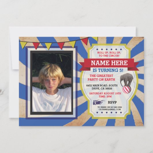 Circus Carnival Birthday Party Photo Invitation Kaart (Voorkant)