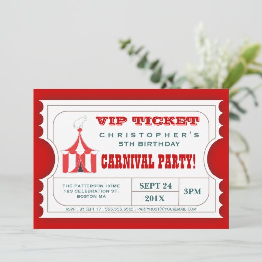 Circus Carnival Birthday Party Ticket Invitation Kaart (Staand voorkant)
