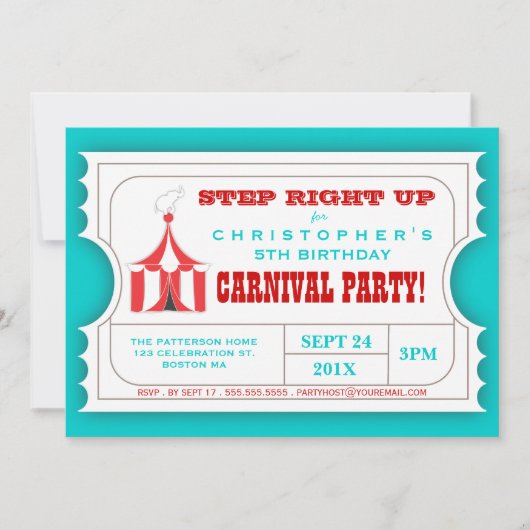 Circus Carnival Birthday Party Ticket Invitation Kaart (Voorkant)
