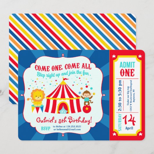 Circus Carnival Birthday Party Ticket Kaart (Voorkant / Achterkant)
