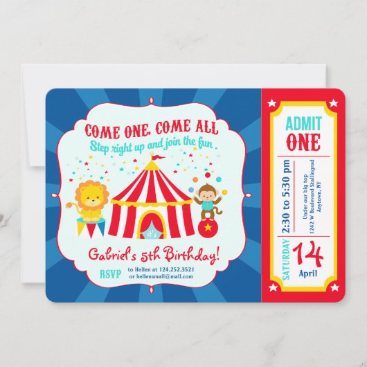 Circus Carnival Birthday Party Ticket Kaart (Voorkant)