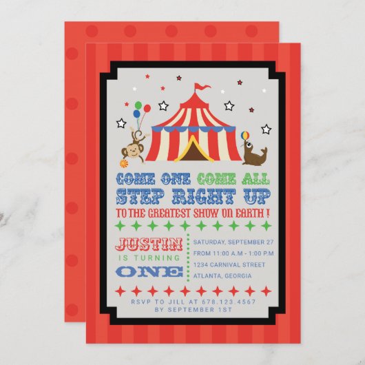 Circus Carnival Birthday Party Ticket Kaart (Voorkant / Achterkant)
