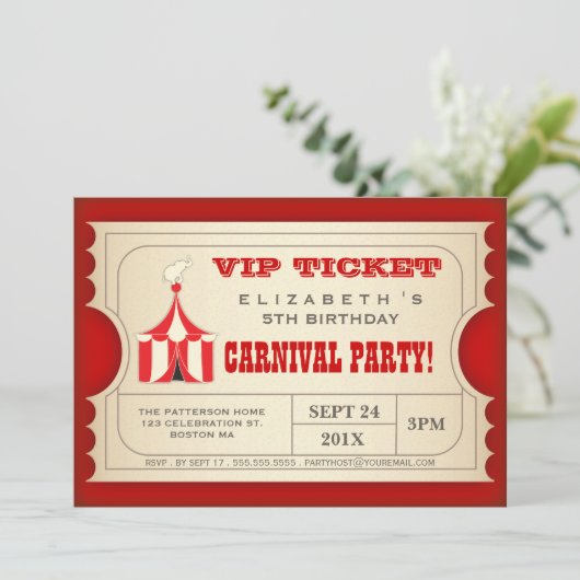  Circus Carnival Birthday Party Ticket Kaart (Staand voorkant)