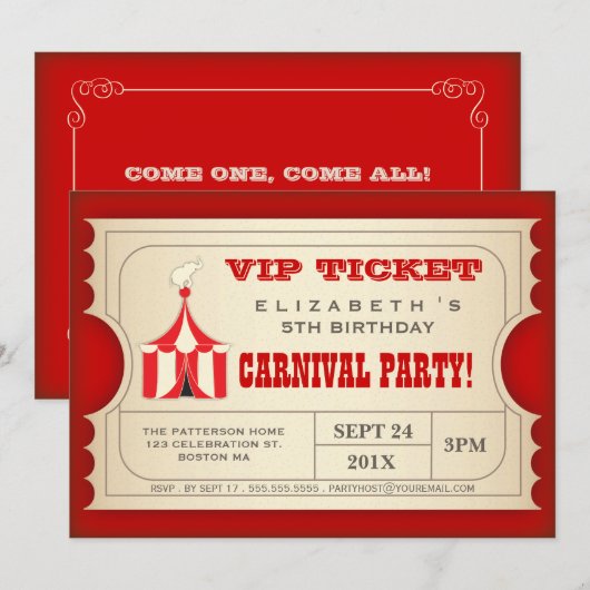  Circus Carnival Birthday Party Ticket Kaart (Voorkant / Achterkant)