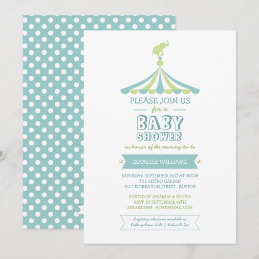 Circus Carnival Blue Green Baby shower Invitation Kaart (Voorkant / Achterkant)