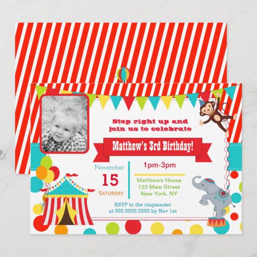 Circus Carnival Foto van Birthday Party Kaart (Voorkant / Achterkant)