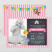 Circus Carnival Girls Birthday Invitation Kaart (Voorkant / Achterkant)
