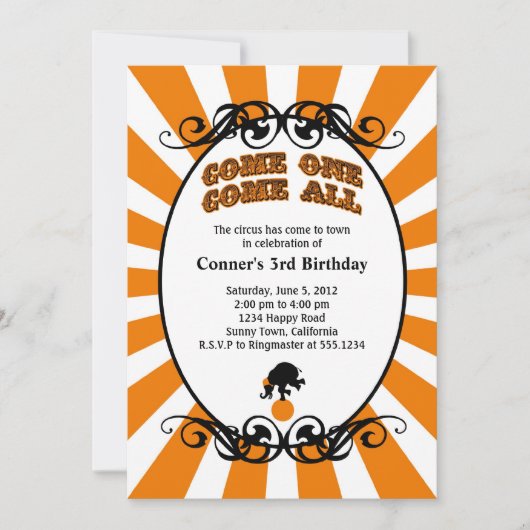 Circus Carnival Invitation Sinaasappel Kaart (Voorkant)