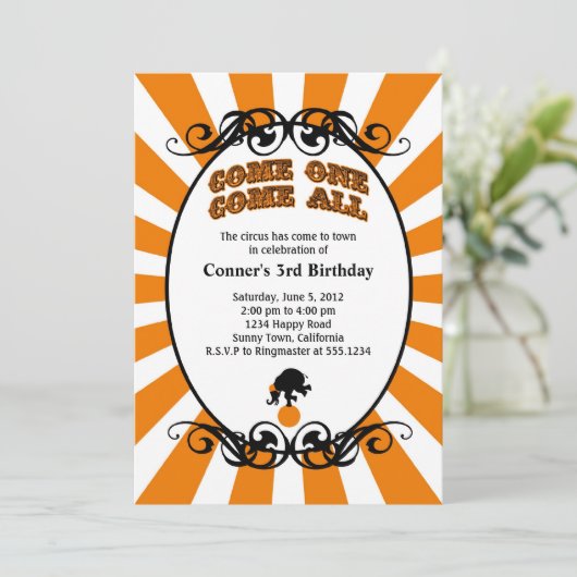 Circus Carnival Invitation Sinaasappel Kaart (Staand voorkant)