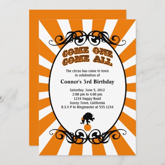 Circus Carnival Invitation Sinaasappel Kaart (Voorkant / Achterkant)