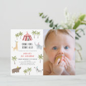 Circus Carnival Party Animals 1e verjaardag Foto Kaart (Staand voorkant)
