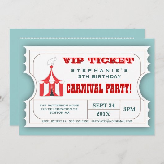 Circus Carnival Party Ticket Advocation Kaart (Voorkant / Achterkant)