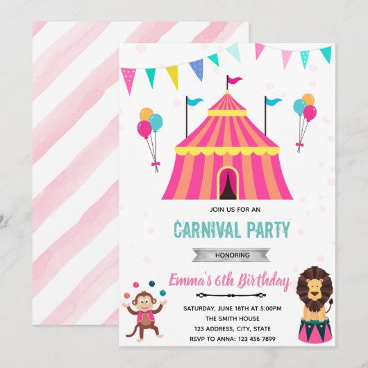 Circus carnival party verjaardagsuitnodiging kaart (Voorkant / Achterkant)
