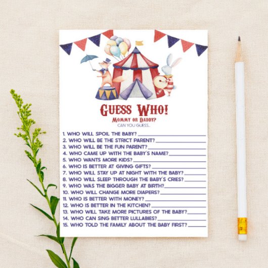 Circus Carnival raad wie. Baby shower game
