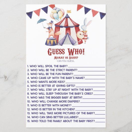 Circus Carnival raad wie. Baby shower game (Voorkant)