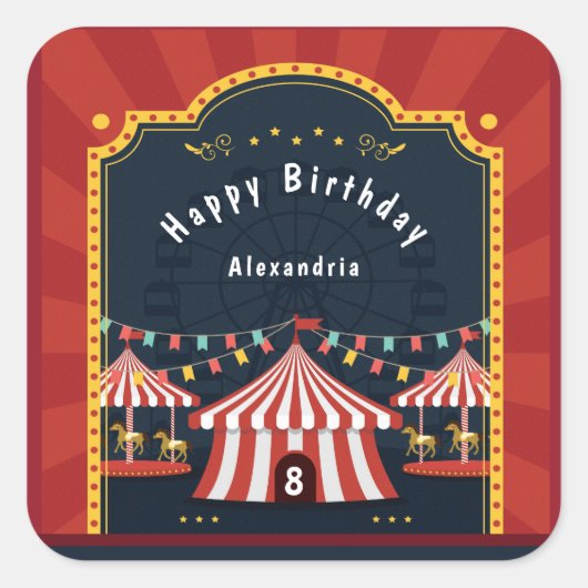  Circus Carnival Red White Birthday Age Vierkante Sticker (Voorkant)