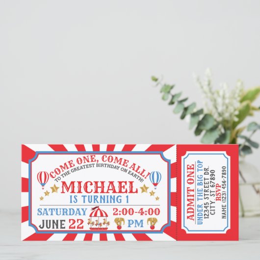Circus Carnival Ticket Birthday Uitnodiging (Staand voorkant)