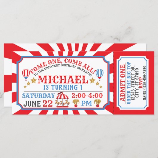 Circus Carnival Ticket Birthday Uitnodiging (Voorkant / Achterkant)
