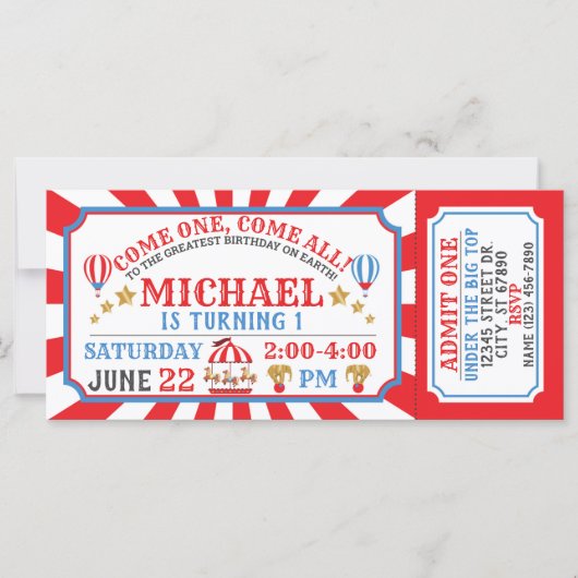 Circus Carnival Ticket Birthday Uitnodiging (Voorkant)