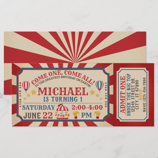 Circus Carnival Ticket Birthday Uitnodiging (Voorkant / Achterkant)