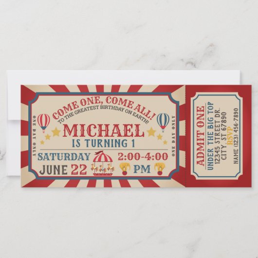 Circus Carnival Ticket Birthday Uitnodiging (Voorkant)