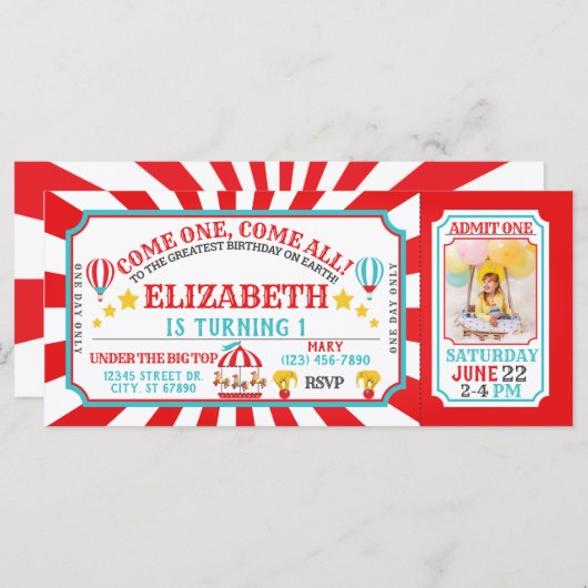 Circus Carnival Ticket Birthday Uitnodiging (Voorkant / Achterkant)