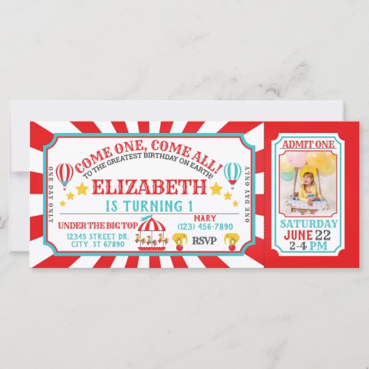 Circus Carnival Ticket Birthday Uitnodiging (Voorkant)