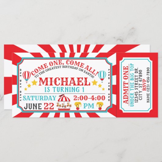 Circus Carnival Ticket Birthday Uitnodiging (Voorkant / Achterkant)